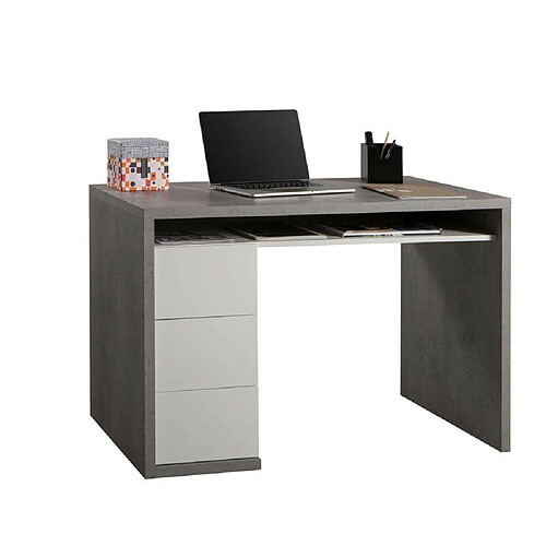 Alter Bureau de bureau et d'étude, Table d'ordinateur Minimal, Bureau de travail avec 3 tiroirs, Fabriqué en Italie, 110x60h75 cm, Couleur Ciment et Blanc