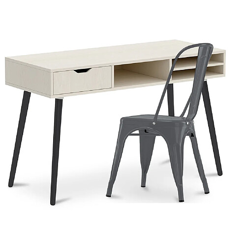 ICONIK INTERIOR Bureau en Bois - Design Scandinave - Beckett + Chaise de Salle à Manger - Stylix Gris foncé