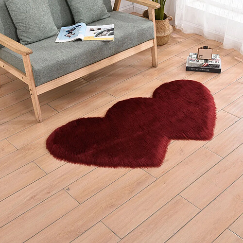 LUUCOZK Tapis moelleux en fausse fourrure, tapis à poils longs pour chambre à coucher, salon - rouge vin-60x90cm double coeur