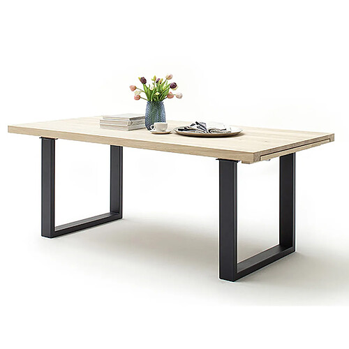 Pegane Table à manger extensible en chêne blanchi massif huilé / anthracite - L.200-300 x H.77 x P.100 cm