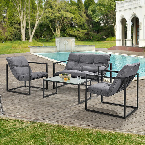 Salon de Jardin Table Basse avec Canapé et Chaises Extérieures en Acier avec Coussins Oléfines et Plateau de Table en Verre Noir Gris [casa.pro]