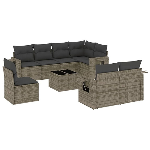 Maison Chic Salon de jardin 9 pcs avec coussins | Ensemble de Table et chaises | Mobilier d'Extérieur gris résine tressée -GKD90173