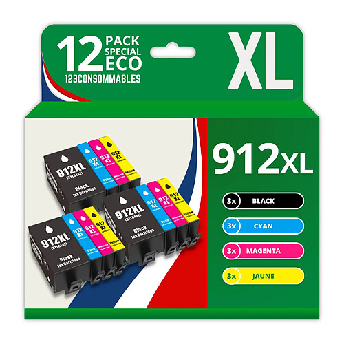 123CONSOMMABLES - 912XL - Pack de 12 Cartouches d'encre compatibles HP 912XL pour HP OfficeJet Pro 8022 8023 8024 8025 8030 et HP Officejet 8010 8012 8015