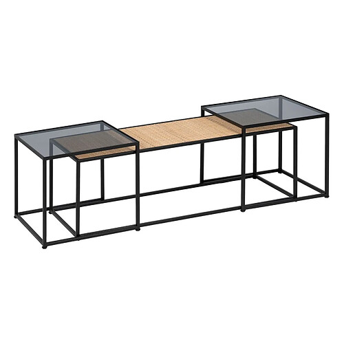 BigBuy Home Table Basse Noir Naturel Verre Fer Rotin 97,5 x 34 x 35 cm (3 Unités)