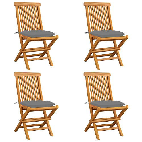 vidaXL Chaises de jardin et coussins gris lot de 4 Bois de teck massif