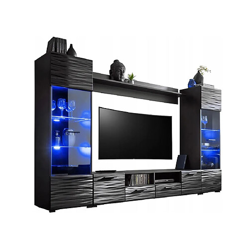 Dusine Meuble salon Queen 260 cm NOIR Laqué TV Effet 3D avec LED