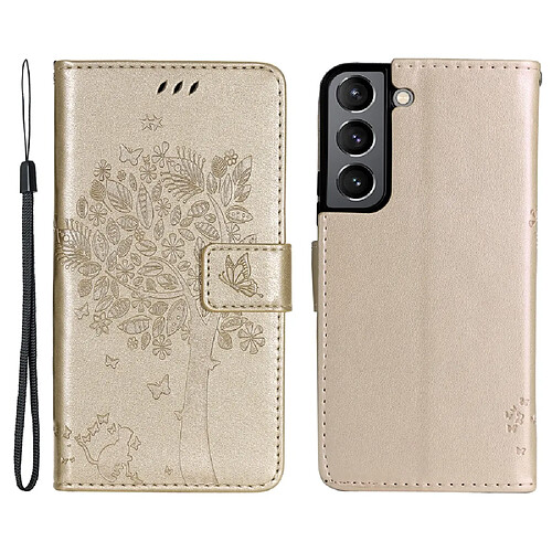 Etui en PU motif chat et arbre avec support or pour votre Samsung Galaxy S22