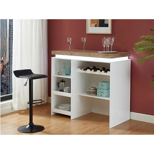 Vente-Unique Meuble de bar HALO II - MDF laqué blanc - LEDs - Blanc et Chêne