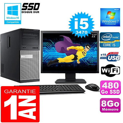 PC Tour DELL 7010 Core I5-3470 Ram 8Go Disque 480 Go SSD Wifi W7 Ecran 22" · Occasion