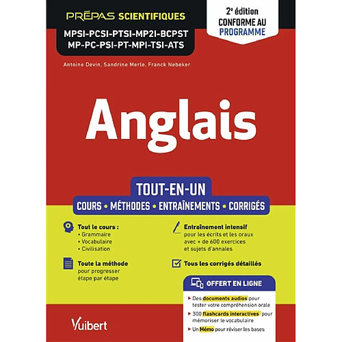 Anglais : tout-en-un, cours, méthodes, entraînements, corrigés, conforme au programme : prépas scientifiques MPSI, PCSI, PTSI, MP2I, BCPST, MP, PC, PSI, PT, MPI, TSI, ATS