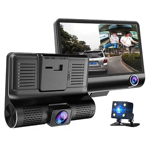 Riff Enregistreur vidéo de voiture Full HD DVR G-Sensor avec 3 caméras et rétroviseur LCD 4'' Noir