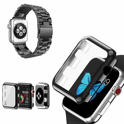 PHONECARE Kit Bracelet Acier Stainless Lux + Outil + Coque Anti-Impact pour Apple Watch Series 9 - 41mm - Noir