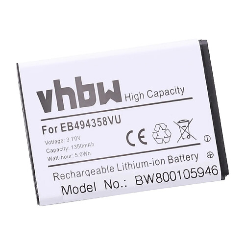 vhbw Batterie 1350mAh (3.7V) compatible avec Samsung GT-S5660 GT-S5670 GT-S5830 S5830 GT-S7250 GT-S5839i GT-S6802 GT-S6312 remplace EB494358VU