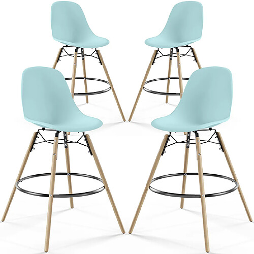 ICONIK INTERIOR Tabourets de Bar - Design Scandinave - Pieds en Bois - Lot de 4 - Skögur Bleu pastel