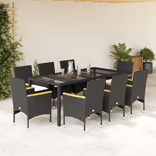 vidaXL Ensemble à manger de jardin et coussins 9 pcs noir rotin verre