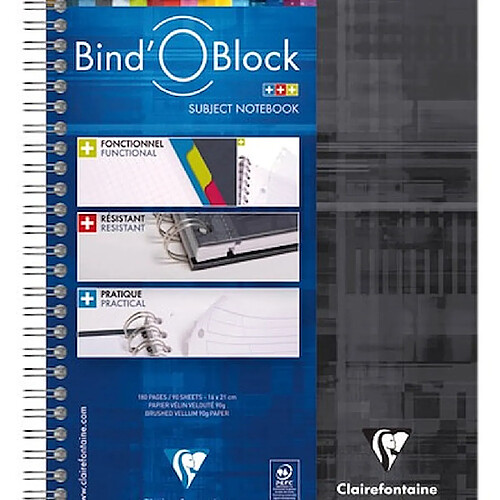 Cahier spirale Clairefontaine Bind'o block A5+ 16 x 21 cm perforé petits carreaux 180 pages