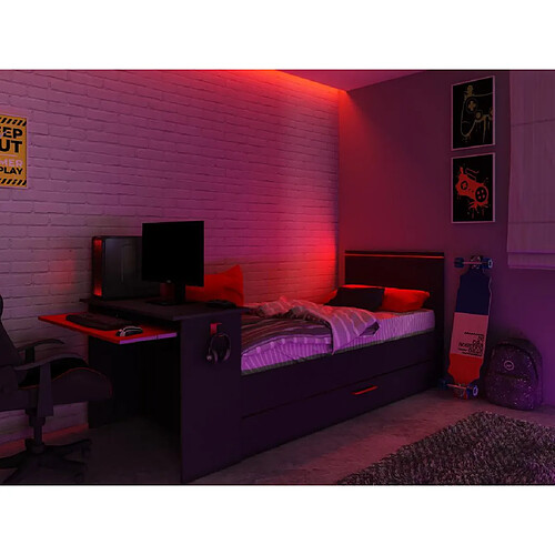 Vente-Unique Lit gigogne gamer 2 x 90 x 200 cm - Avec bureau - LEDs - Anthracite et rouge - VOUANI