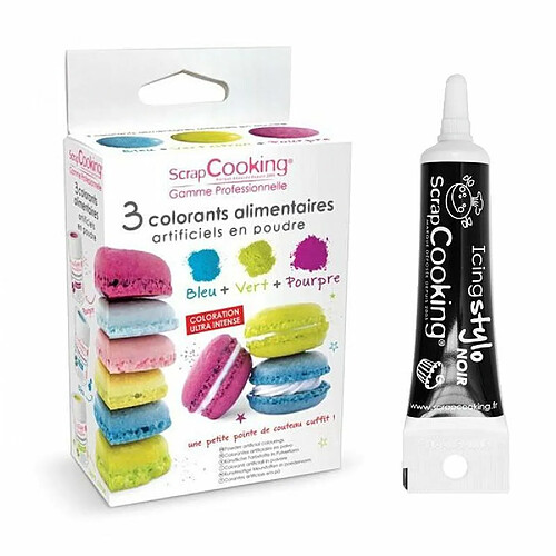 Scrapcooking 3 colorants alimentaires bleu, vert, pourpre + Stylo de glaçage noir