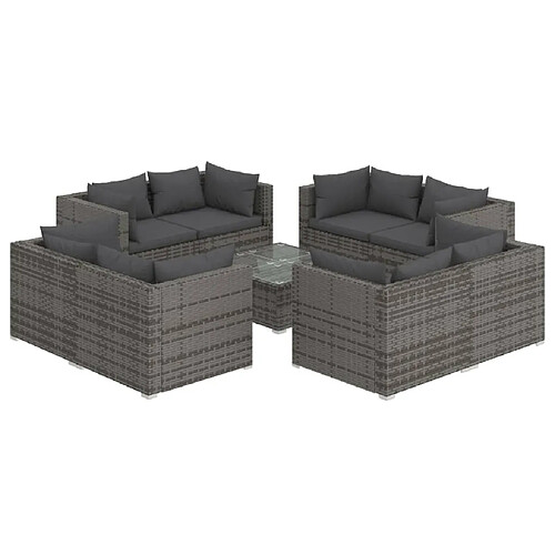 Maison Chic Salon de jardin 9 pcs + coussins - Mobilier/Meubles de jardin - Table et chaises d'extérieur Résine tressée Gris -MN12523