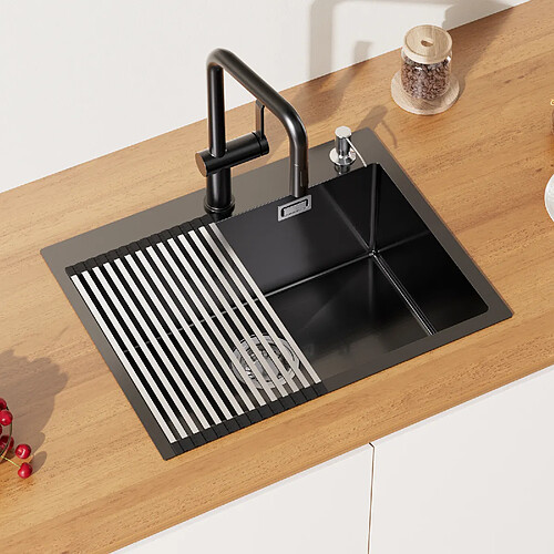 Auralum MAX Évier de Cuisine 1 Bac Noir,Évier Inox avec Égouttoir Énroulable/Distributeur Savon/Tamis Bouchon,Lavabo de Cuisine Kit, 2 Trous(58*45*18CM)