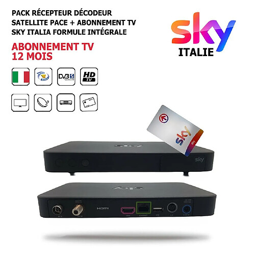 Pack Récepteur Décodeur Satellite Pace + Abonnement Tv Sky Italia Formule Intégrale 12 mois, 120 Chaines, HD, Via Sat Host Hotbird 13°Est