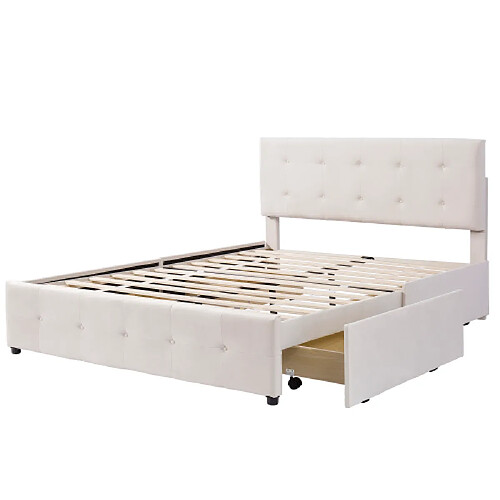 ComfortXL Lit Double Avec Tiroirs De Rangement, Sommier à Lattes Et Dossier, Beige