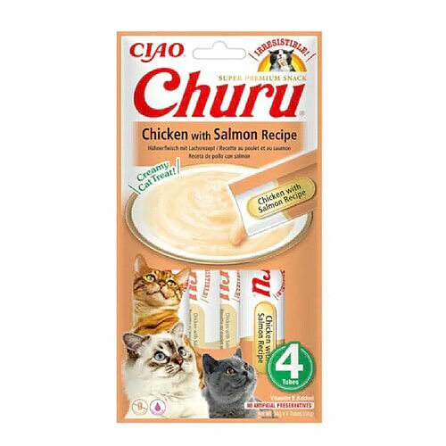 INABA Churu - Friandises pour Chats en purée au Thon & Saumon - 4 Tubes x 14g - Délicieux Snacks pour Félins - Texture Lisse et Onctueuse - Nourriture pour Chats