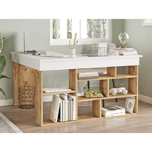 Vente-Unique Bureau d'angle avec rangements - Coloris : Blanc et naturel - LILEUL