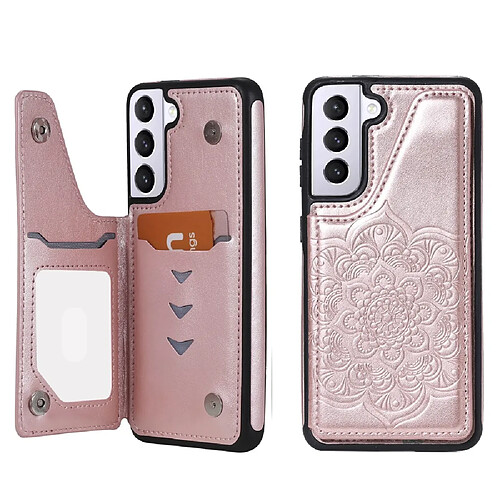 Coque en TPU + PU motif fleur, anti chute avec béquille et porte-cartes or rose pour votre Samsung Galaxy S21 5G