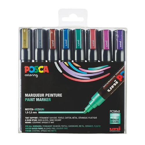 Marqueur Posca couleurs métallisées assorties pointe conique 1,8 à 2,5 mm - Boîte de 8