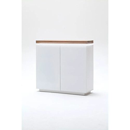 Pegane Buffet avec LED coloris blanc mat avec plateau en chêne noueux huilé - L120 x H114 x P40 cm