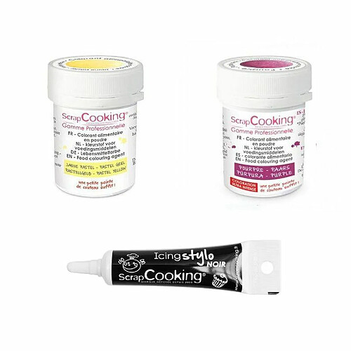 Scrapcooking 2 colorants alimentaires pourpre-jaune pastel + Stylo glaçage noir