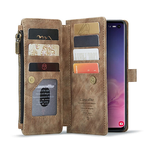 Caseme Etui en PU + TPU avec poche zippée et porte-cartes marron pour votre Samsung Galaxy S10 4G