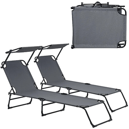 Helloshop26 Lot de deux transats pliable avec toiture pare-soleil de relax acier 190 cm gris foncé 03_0004512