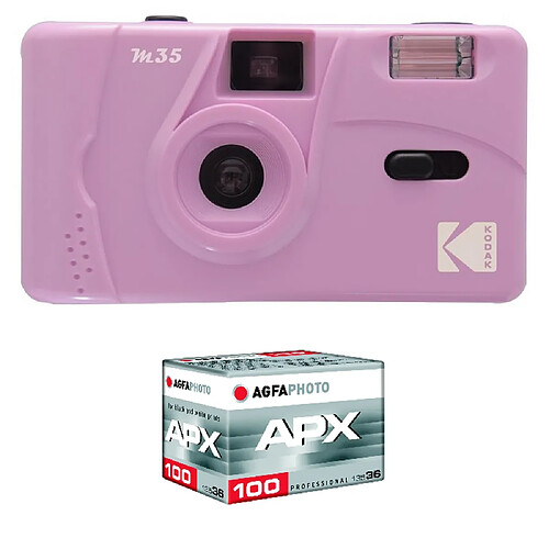 KODAK Pack M35 Argentique + Pellicule APX 100, 36 poses - Appareil Photo Kodak Rechargeable 35mm Purple, Objectif Grand Angle Fixe - Purple