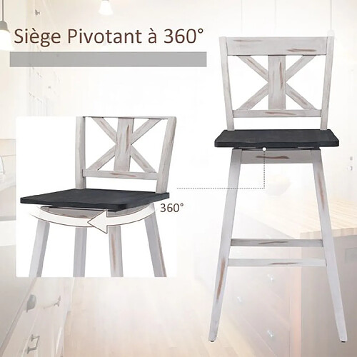 Helloshop26 Lot de 2 tabourets de bar h109 cm siège pivotant 360° avec repose-pieds antidérapants en bois d'hévéa pour maison restaurant 20_0003156