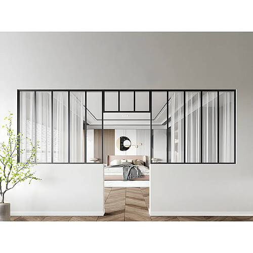 Vente-Unique Lot de 2 verrières atelier avec imposte en aluminium thermolaqué - 2 x L150 x H130 + L83 x H40 cm - Noir - BAYVIEW