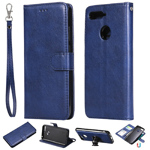 Wewoo Housse Coque Pour Huawei Y6 2018 / Honor 7A Étui de protection à rabat horizontal de couleur unie avec support et fentes cartes et portefeuille et cadre photo et lanière bleu