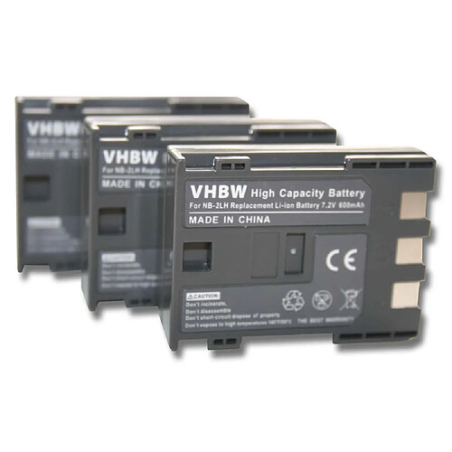 vhbw 3x Li-Ion Batterie 600mAh (7.2V) pour appareil photo, caméra Canon Legria MV950, MV960, MVX200, MVX20i, MVX250i, MVX25i, MVX300 comme NB-2L.