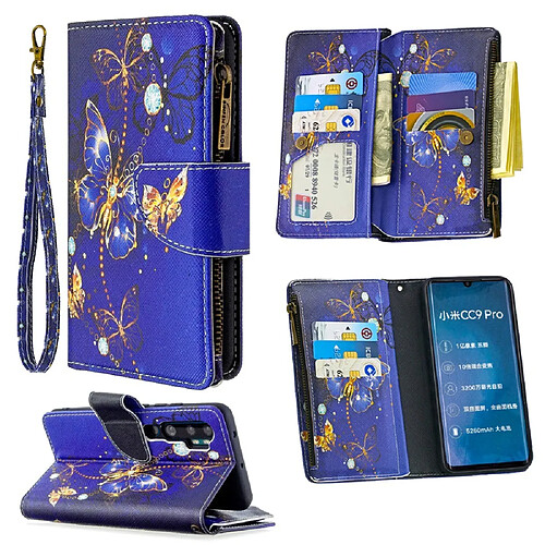 Etui en PU fermeture éclair à motifs avec support et plusieurs porte-cartes papillon bleu foncé pour votre Xiaomi Mi CC9 Pro/Mi Note 10/Mi Note 10 Pro