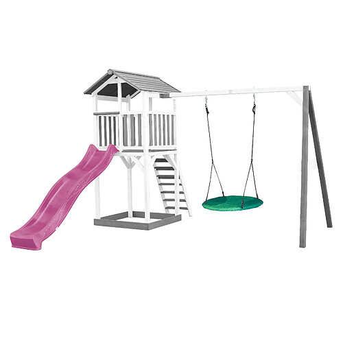 AXI Beach Tower Aire de Jeux avec Toboggan en Violet, Balançoire Nid d'oiseau VERT & Bac à Sable | Grande Maison Enfant extérieur en Gris & BLANC | Cabane de Jeu en Bois FSC