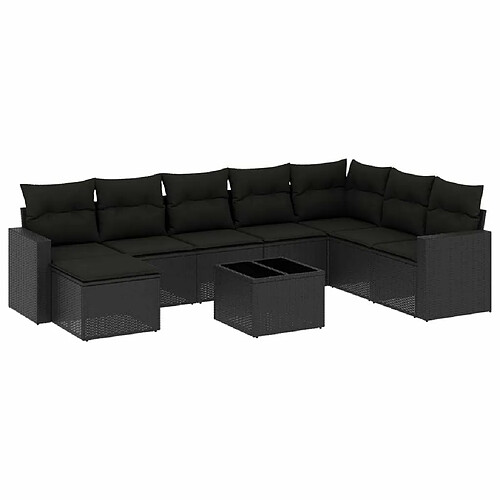 Maison Chic Salon de jardin 9 pcs avec coussins | Ensemble de Table et chaises | Mobilier d'Extérieur noir résine tressée -GKD88954