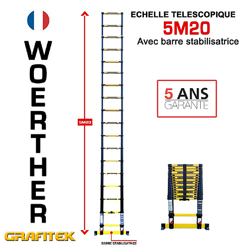 Echelle télescopique Woerther 5m20 avec barre stabilisatrice - Garantie 5 ans - Qualité supérieure