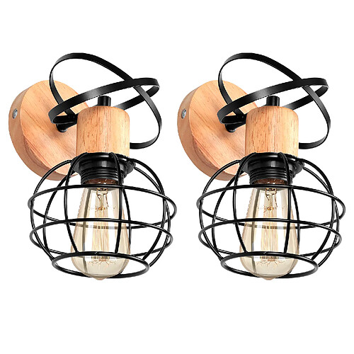 Stoex 2PCS Applique Murale Cage En Métal Applique Murale Rétro Applique En Bois Applique D'Intérieur Noir E27 Lampe Murale Moderne