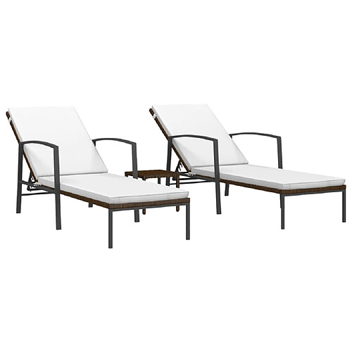 Helloshop26 Lot de 2 transats chaise longue bain de soleil lit de jardin terrasse meuble d'extérieur avec table résine tressée marron 02_0012129