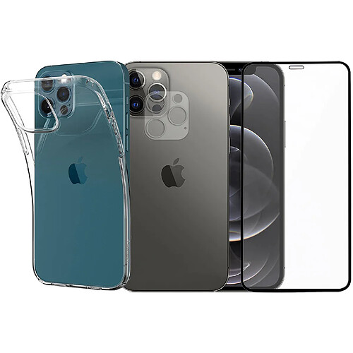 Protection intégrale Verre Trempé bords Noir iPhone 12 Pro+Verre Trempé Caméra Arrière+Coque souple silicone transparente-Visiodirect-