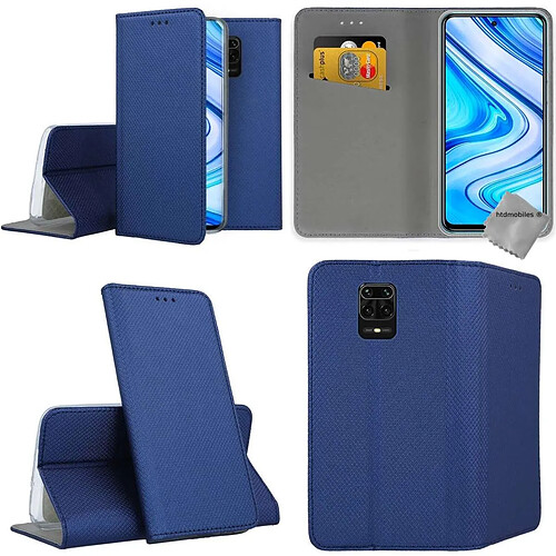 Htdmobiles Housse etui portefeuille avec coque intérieure en silicone pour Xiaomi Redmi Note 9S + film ecran - BLEU MAGNET