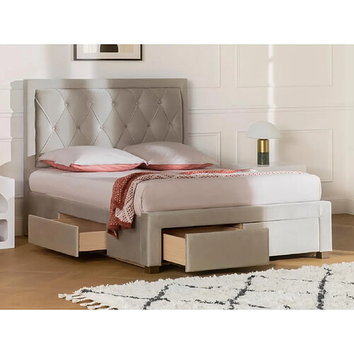 Vente-Unique Lit avec tiroirs 180 x 200 cm - Tissu velours - Beige + Matelas - LEOPOLD