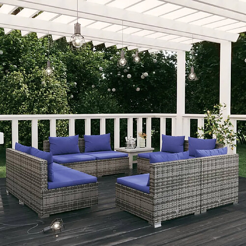 vidaXL Salon de jardin 8 pcs avec coussins résine tressée gris