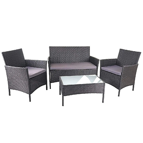 Decoshop26 Salon de jardin avec fauteuils banc et table en poly-rotin noir et coussin anthracite MDJ04149